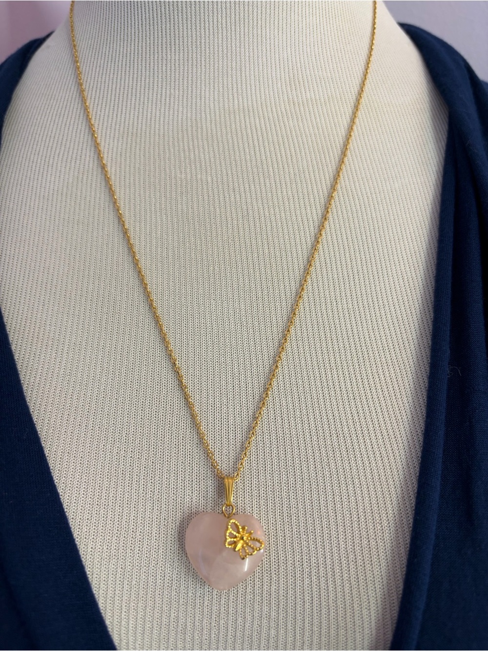 Vintage Avon Rose Quartz Puffy Heart with Gold Tone Butterfly Necklace